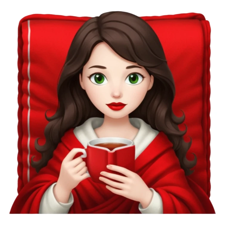 Long wavy dark brown haired, white skinned, dark green eyed girl with red lipstick wrapped in a red and white blanket, sipping tea and reading a book sticker