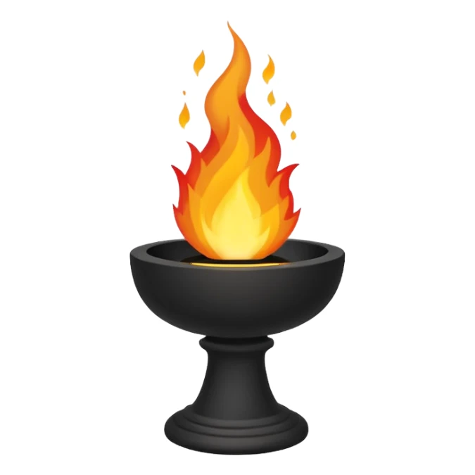 A minimalist stone pedestal with a tall rectangular base and a shallow black bowl on top, designed as a modern torch or brazier. Bright flames rise from the bowl sticker