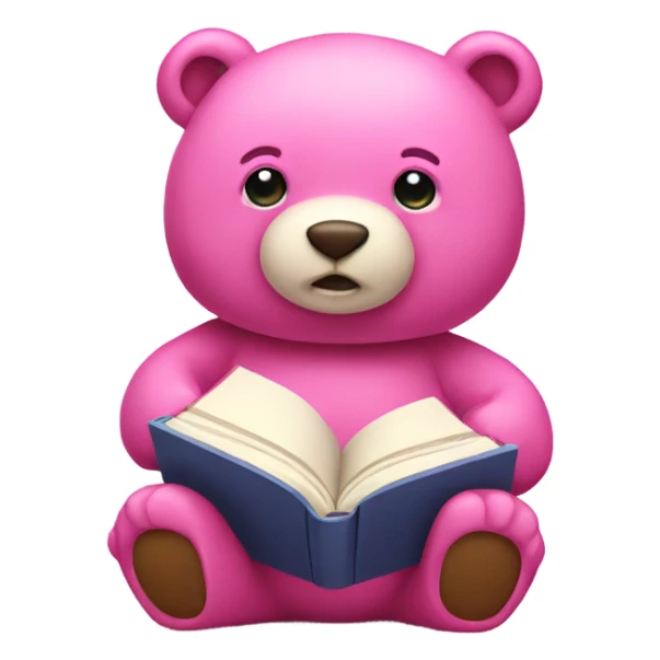 a pink bear with a book sticker