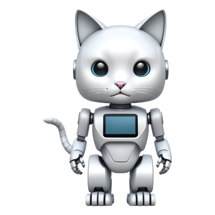 white standing robocat with a display instead of face sticker