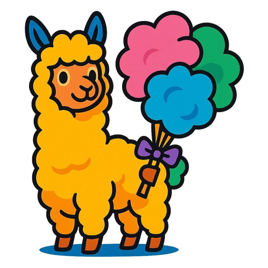 alpaca holding cotton candy bouquet in vibrant-toon style sticker