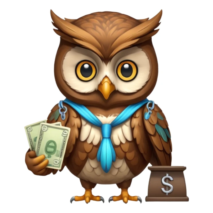 mascot owl holding money scale with two sides sticker