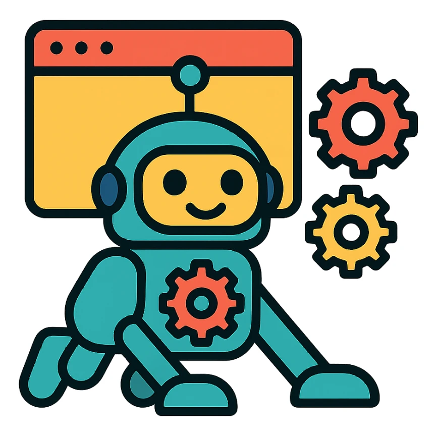 stylized robot with gears and browser window, crawling pose, modern flat icon style SEO robot crawler icon sticker
