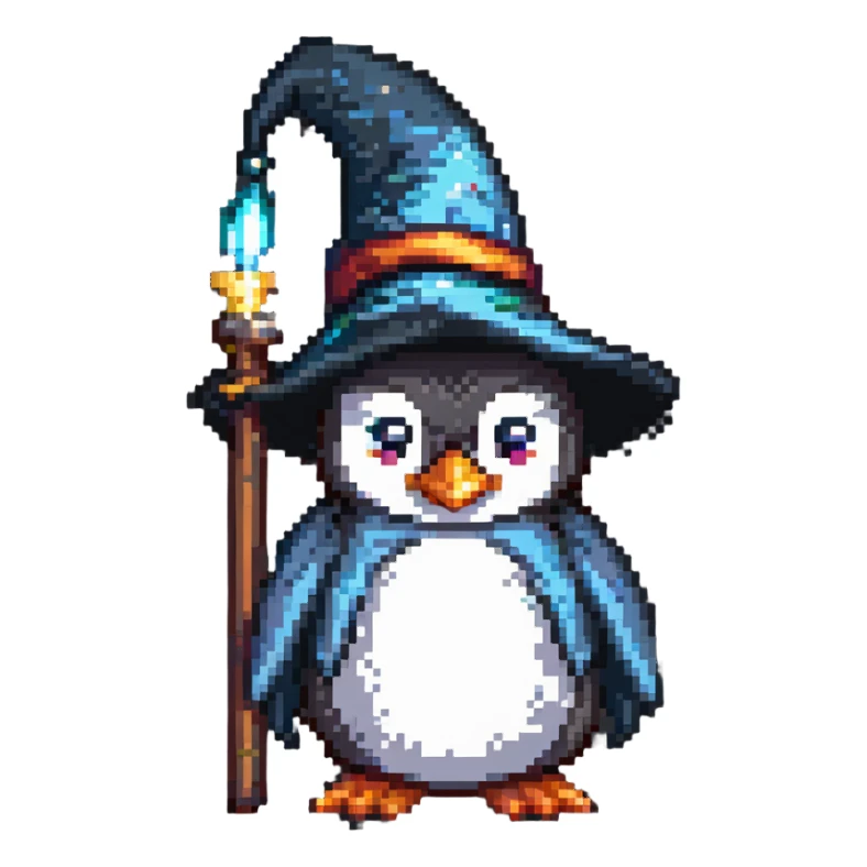 A penguin wizard with a long beard and pointed hat sticker