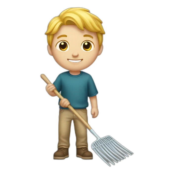 white kid holding a rake sticker