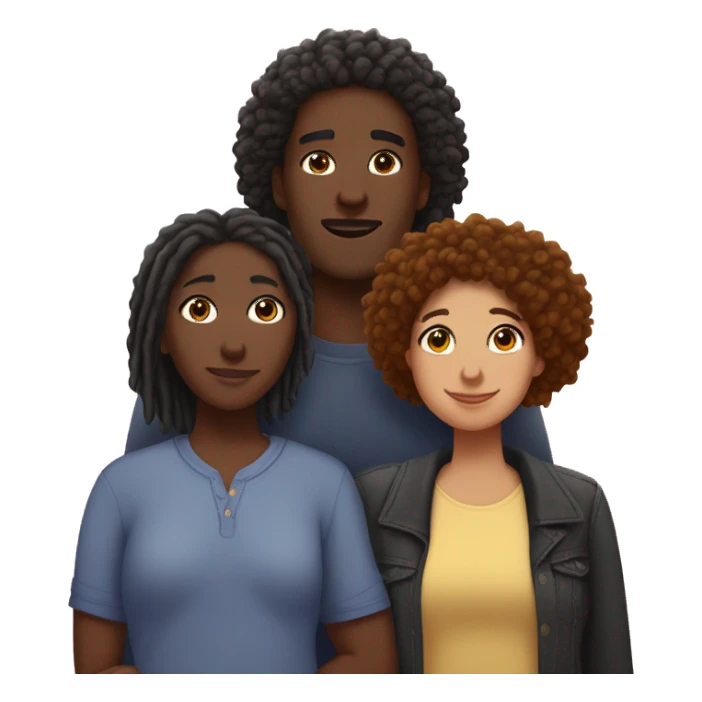 A throuple, with a light skinned black man with dreadlocks, a dark skinned large woman with short afro hair, and a dark skinned nonbinary with short locks, embracing each other, hearts sticker