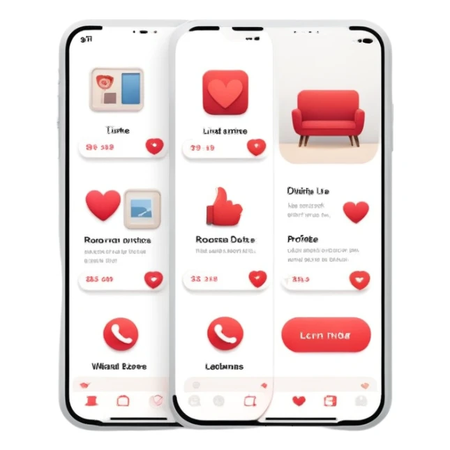 smartphone displaying a Tinder-like dating app interface, but with interior design rooms instead of people profiles, with like and dislike buttons sticker