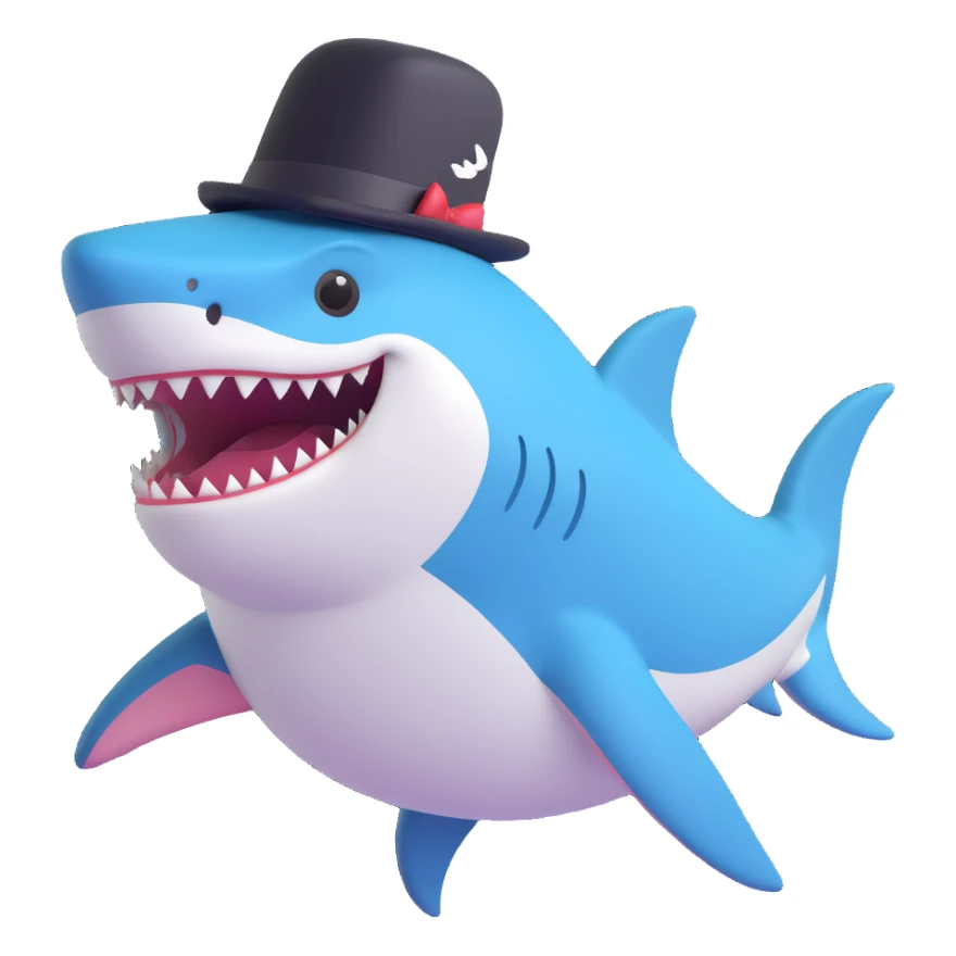 cartoon shark with a black top hat, smiling sticker
