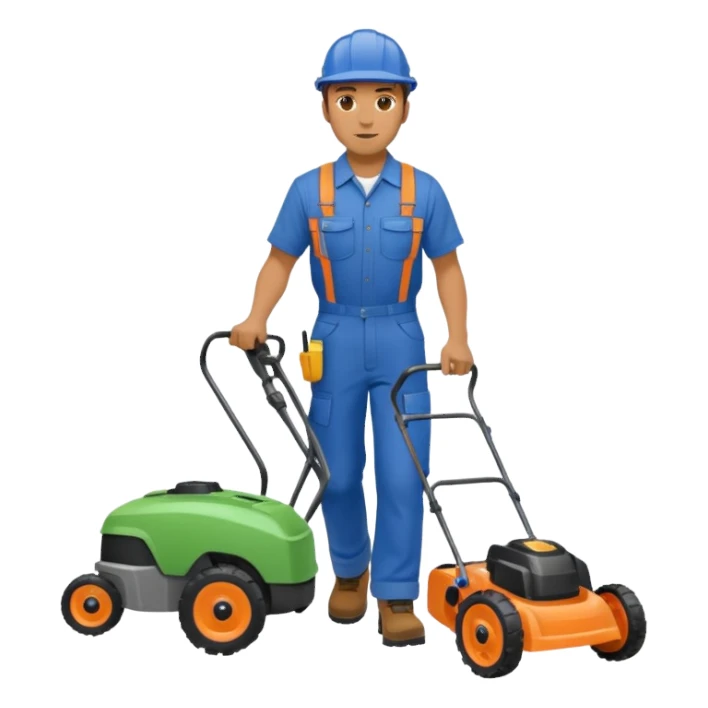 Maintenance worker
with lawnmower, full body, walking sticker
