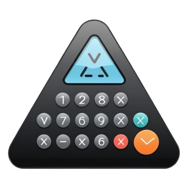 Minimalistic flat vector icon, iOS style, thin black contour on white background. Calculator and geometric shapes (triangle, circle). No text, no shadows. sticker