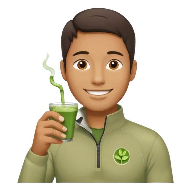 Guy chilling with a quarter zip and matcha tra sticker