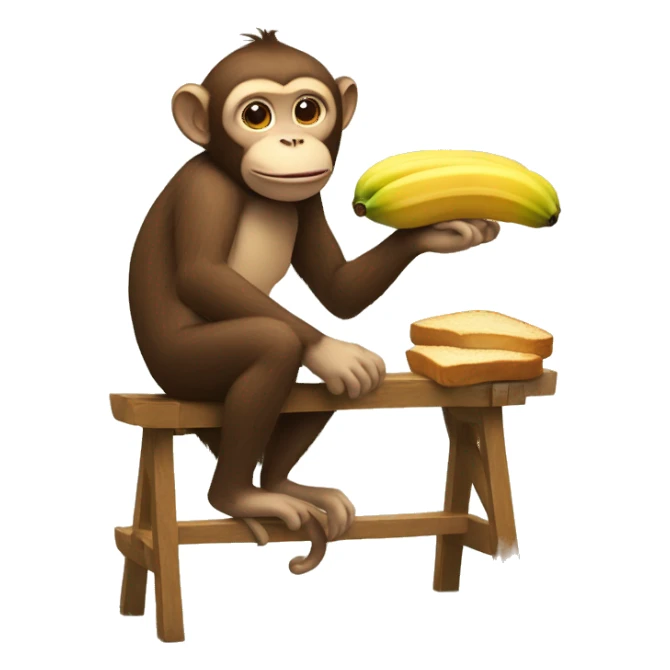 Monkey with cat ears on a stool eating bread with bananas on the bread while the monkey looks like he’s hiding something sticker