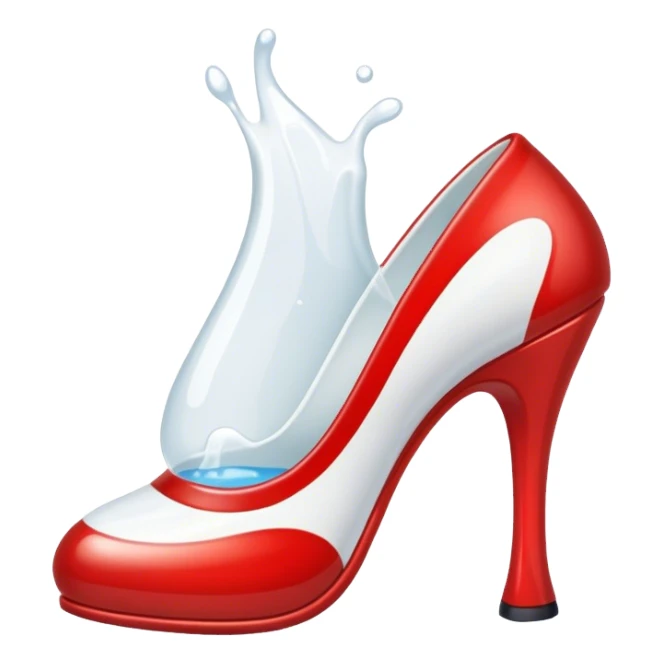 a red heel with a white liquid sticker