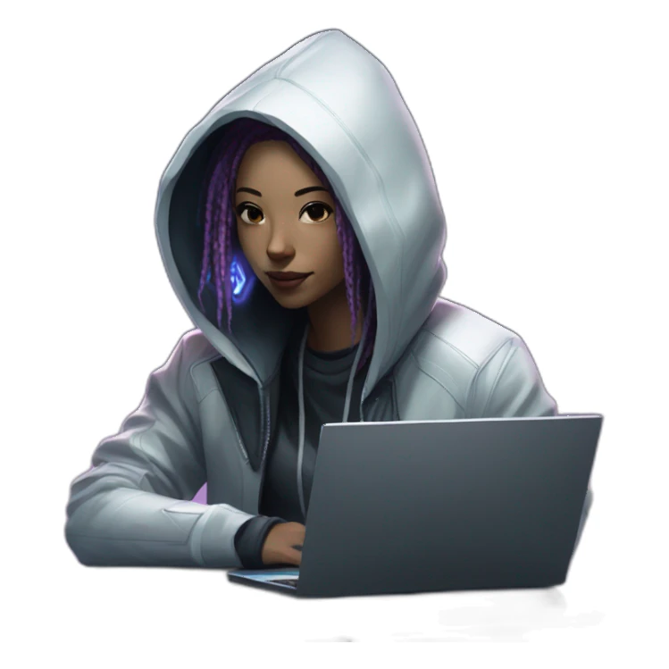 netrunner from cyberpunk with laptop in back hoodie and white skin sticker