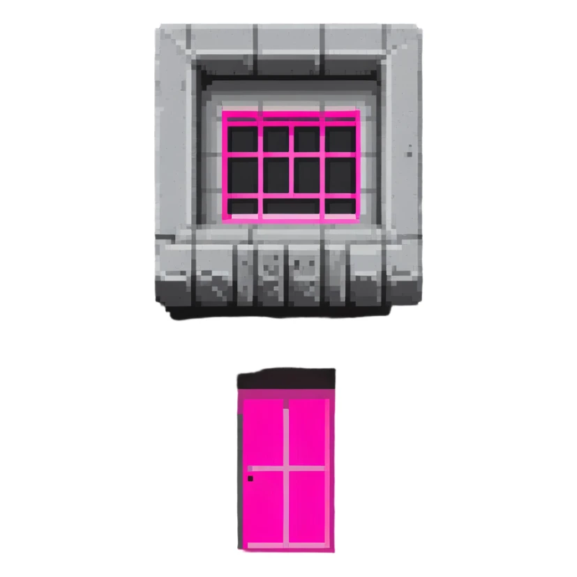 Brutalist gray concrete block building with one neon pink window sticker