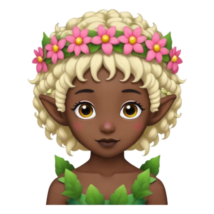 tiny Elf with Flower Crown, curley hair, black sticker