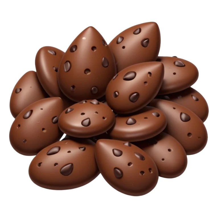 cluster of chocolate chips, scattered, teardrop shape, glossy dark brown, rounded point, subtle reflections, solid and dry, 3D clean style sticker
