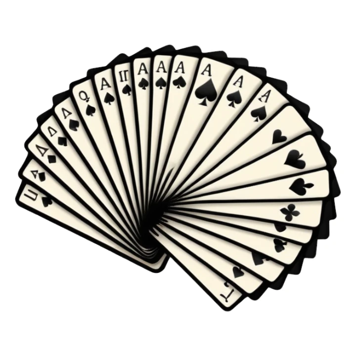 Minimalistic flat vector icon, iOS style, thin black contour on white background. Deck of abstract cards fanned out, each with simple symbols. Clean, no text, no shadows sticker