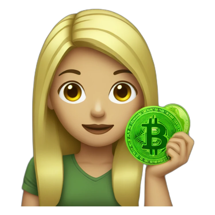 girl holding green Bitcoin sticker