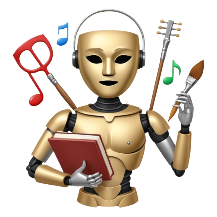 A metallic humanoid figure whose torso is a circle divided into 4 clear segments, each segment containing a distinct icon: paintbrush (visual arts), music note (musical arts), theater masks (theatrical arts), and an open book (literary arts) sticker