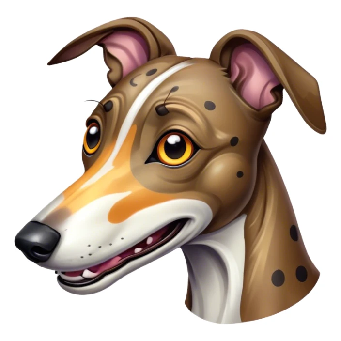 Cinematic Comical Brindle Greyhound Portrait Emoji, Head tilted dramatically with an exaggeratedly amused expression, featuring a striking brindle Fur with bold patterns, wide, expressive eyes filled with playful disbelief, Simplified yet hilariously expressive features, highly detailed, glowing with a slightly sassy glow, high shine, dramatic yet playful, stylized with an air of cheeky mischief, bright and endearing, soft glowing outline, capturing the essence of a spirited and over-the-top racer, so meme-worthy it feels like it could side-eye its way into internet fame instantly! sticker