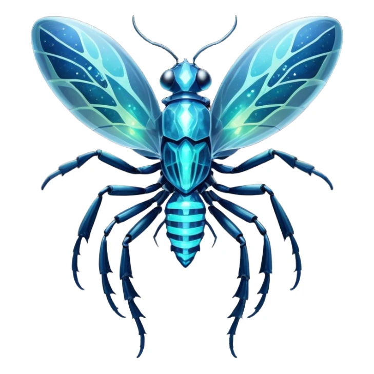 A bioluminescent insectoid with crystalline exoskeleton segments that refract light into dazzling patterns, sharp teeth, capable of phasing through solid objects when exposed to moonlight. sticker
