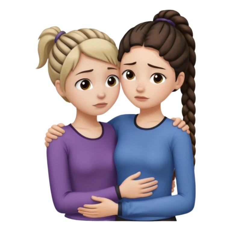 Comforting Hug two white skin women, one shorter woman with medium brown simple top ponytail, not braided, and one taller skinny sad face woman with a single long black side braid sticker