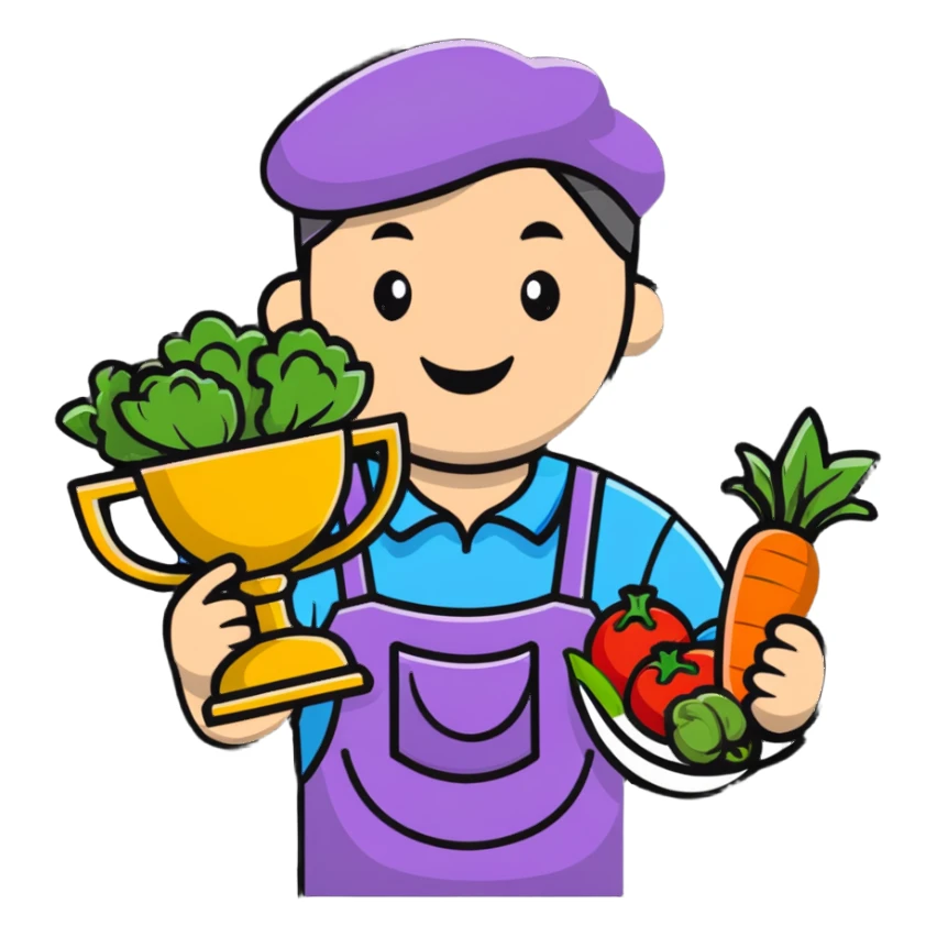 Happy gardener with trophy and prize vegetables sticker