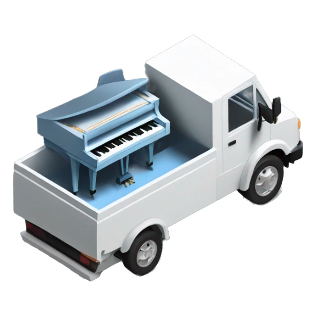 piano in a box truck, side angle, isometric, shell xray vision  sticker