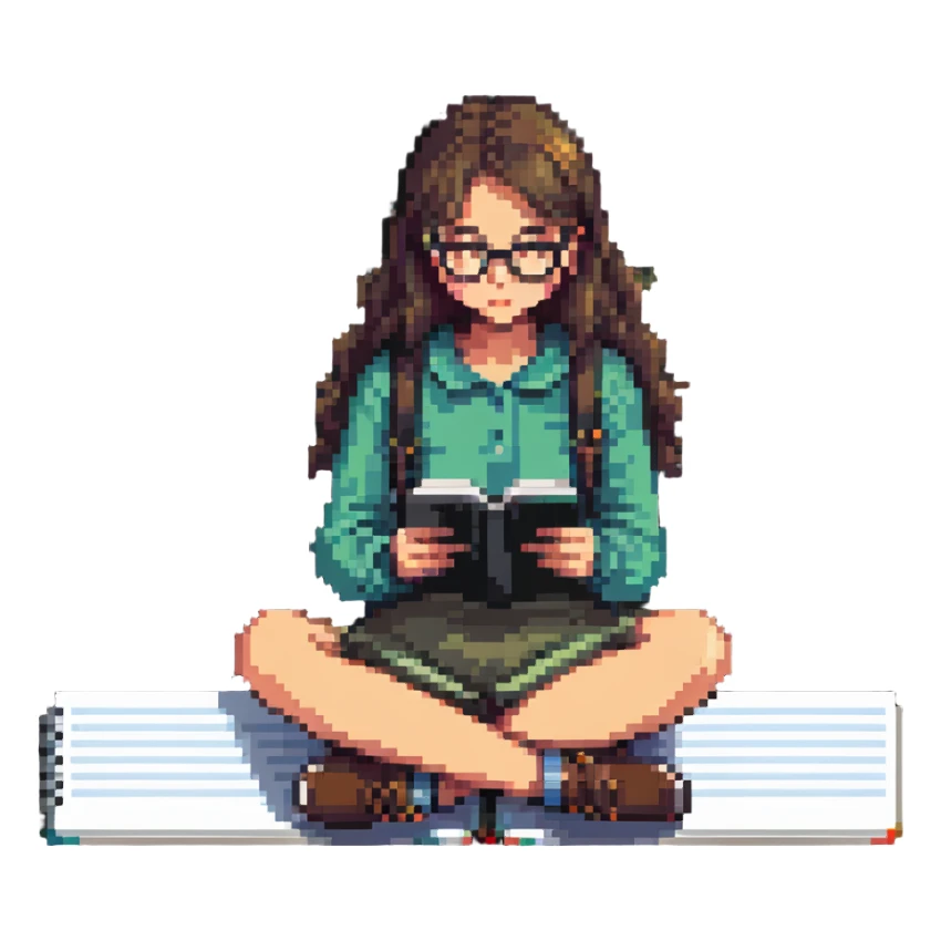 Girl with glasses reading her notebook while sitting sticker
