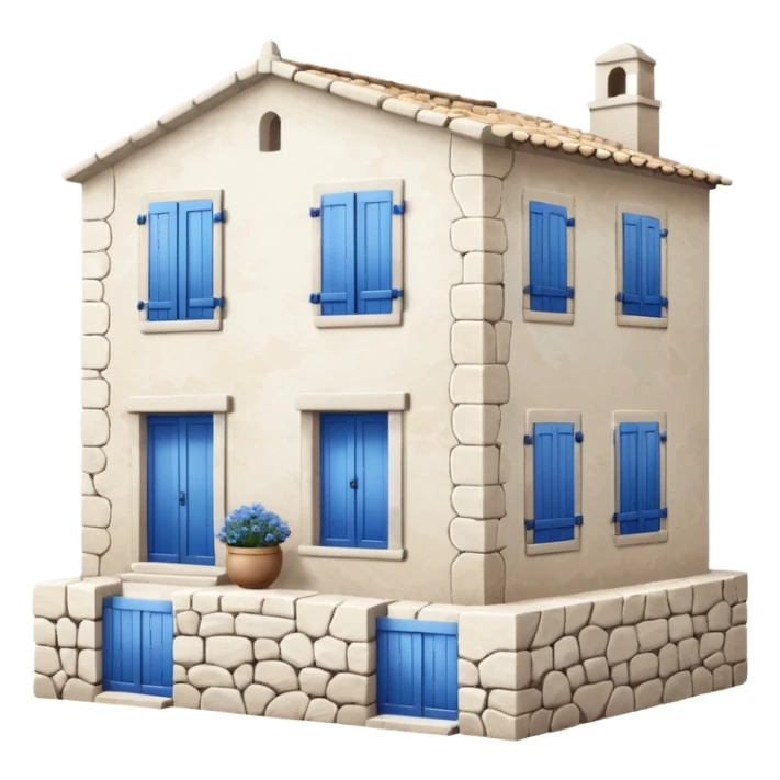 whitewashed stone house with blue shutters, Mediterranean style sticker