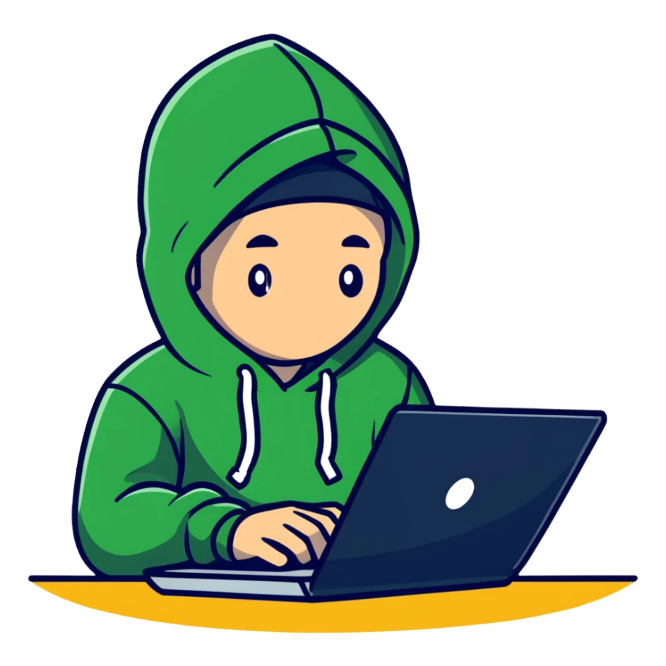hacker with laptop wearing hoodie sticker