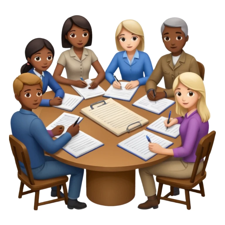 People sitting around a table with farm documents sticker