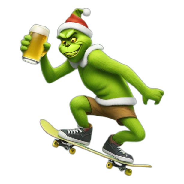 grinch skateboarding with a beer sticker