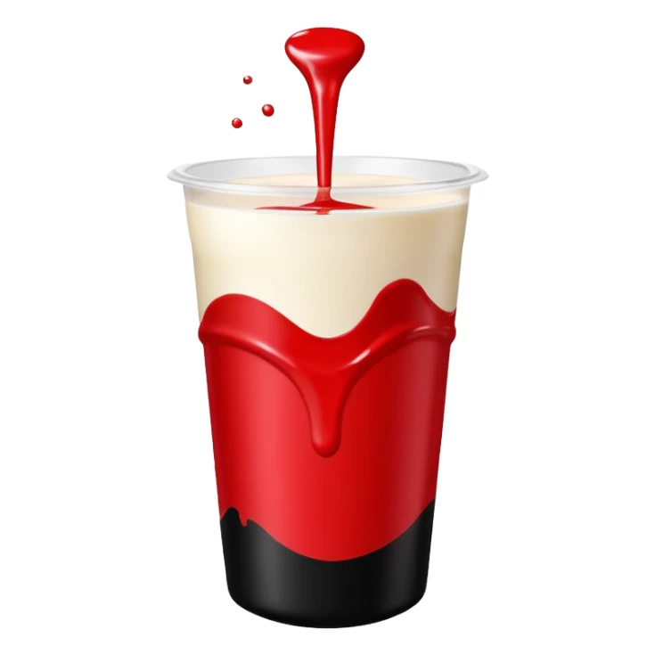 whey protein pouch, top half vibrant red, bottom half deep black, simple clean cup of milk with splash effect in the center, smooth minimal glossy emoji-like finish, bold and friendly, inspired by Apple emoji aesthetic sticker