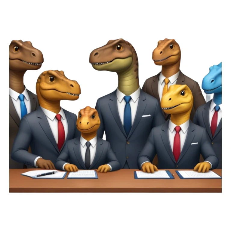 different office dinosaurs in suits sitting along the conference table sticker