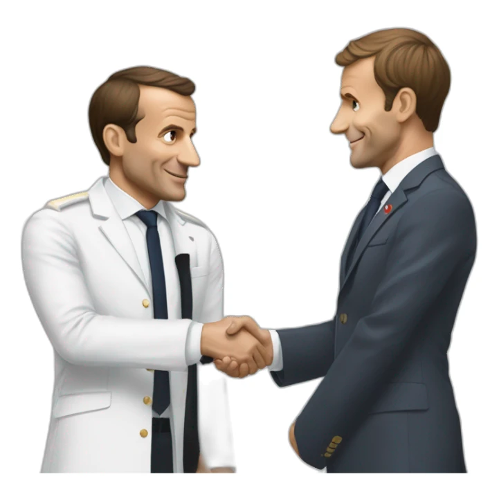 emmmanuel macron shaking hand with a saussage sticker