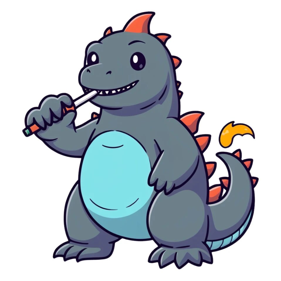cartoonish Godzilla holding a vape pen, colorful sticker