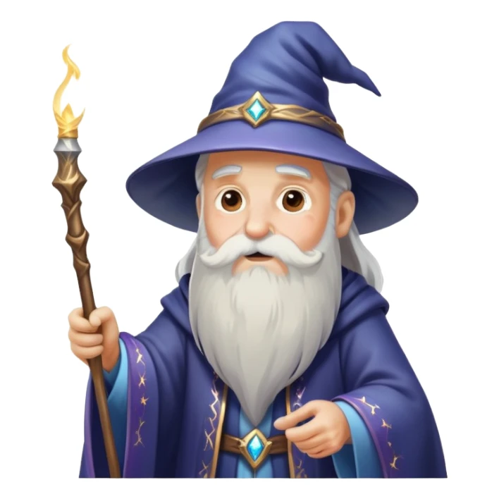 old man wizard with a beard casting a spell with a wand with sparkles and magic sticker