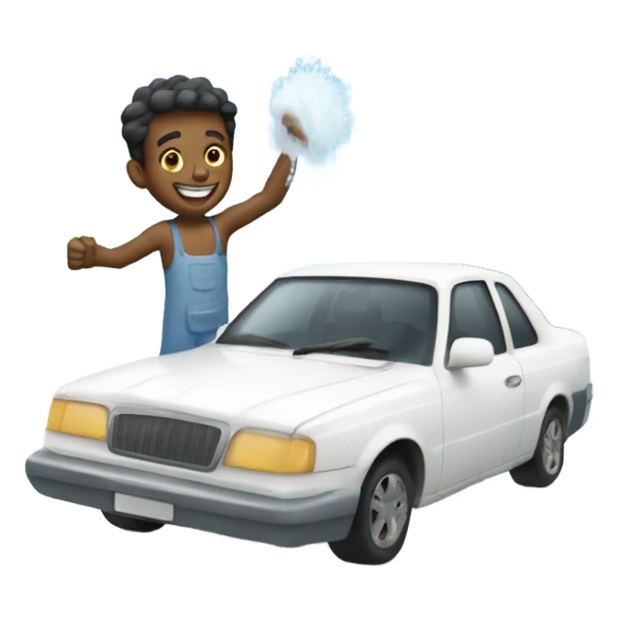 Happy guy washing a white car sticker