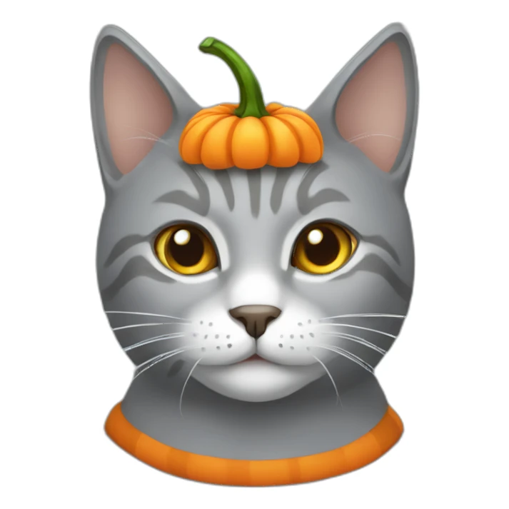 Grey cat with white spots wearing a pumpkin hat sticker