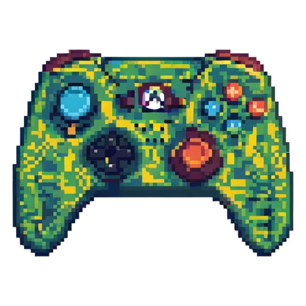 xbox controller with a retro 8-bit look sticker