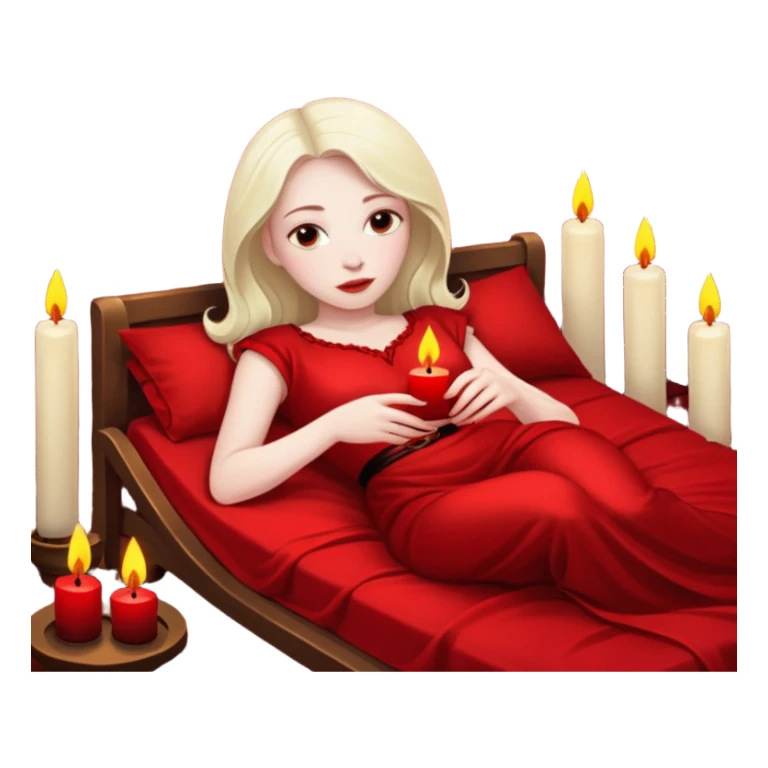 Low bed, red sheets, candles everywhere, woman reclining in shadowed control sticker