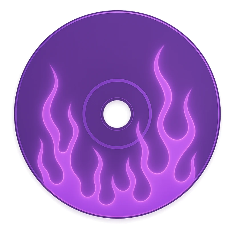 A minimalist CD disc with subtle pink flames, glowing effect, variation 2, color: purple sticker