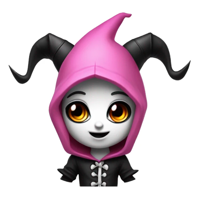 A mischievous chibi cartoon character with black devil horns, a jester-like hood with a pink skull on the front, light pink cheeks, black and white color scheme, large expressive eyes with dark eyeliner, and a playful smirk. sticker