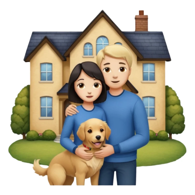 Девушка с тёмными короткими волосами стоит на фоне большого дома рядом с ней мужчина со светлыми волосами обнимаются рядом собака sticker