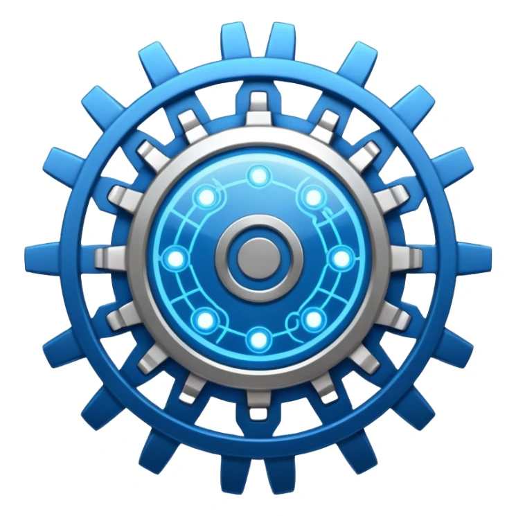 gear with circuit-style connected nodes, representing global system configuration and connectivity. sticker