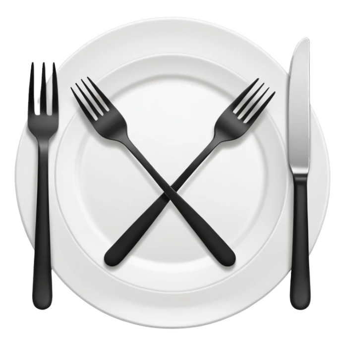 Minimalistic flat vector icon, iOS style, thin black contour on white background. Fork and knife crossed on a plate. Clean, no text, no shadows sticker