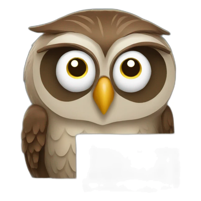 Sad tired owl is working on computer sticker