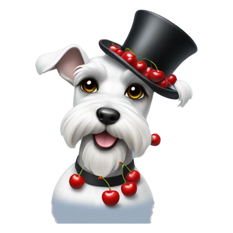White fun mini schnauzer wearing top hat with cherries sticker